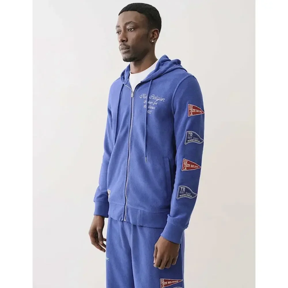 True Religion Hoodie Mens Large Blue Reverse Terry Zip Up Sweatshirt NWT